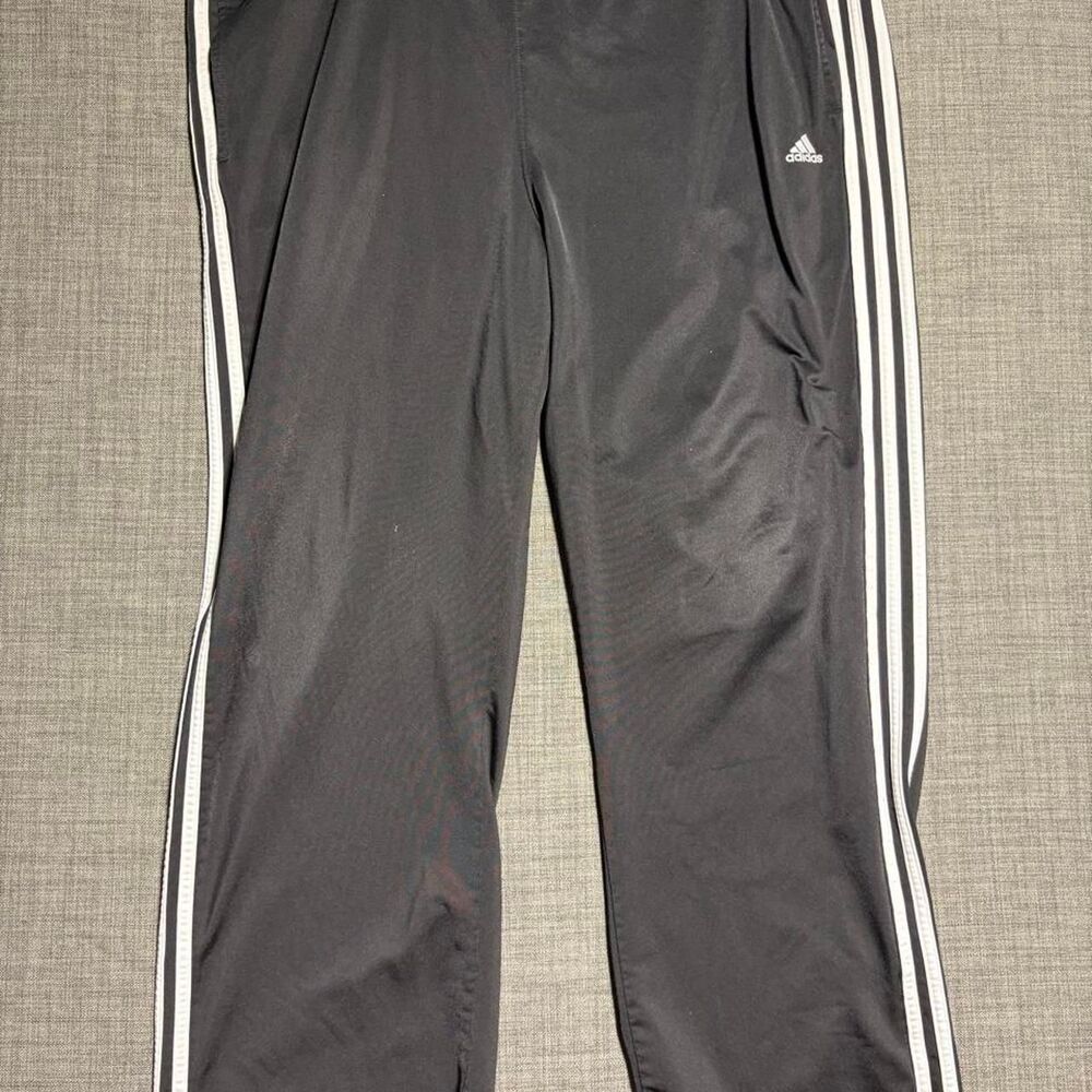 Mens vintage Y2K 2000s Adidas black track pants with white stripes, size L